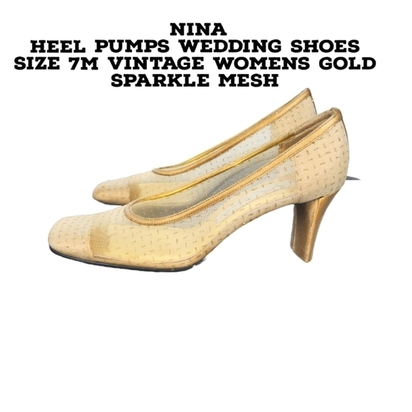 Nina Heel Pumps Wedding Shoes Size 7M Vintage WOMENS Gold Sparkle Mesh